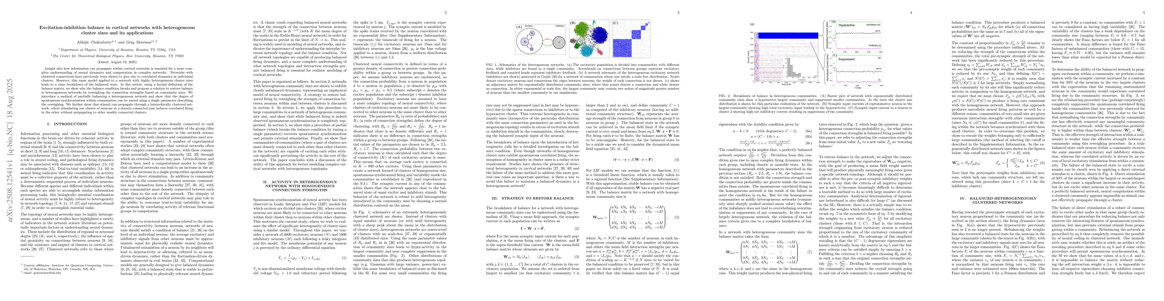 Thumbnail for Excitation-inhibition balance in cortical networks with heterogeneous
  cluster sizes and its applications