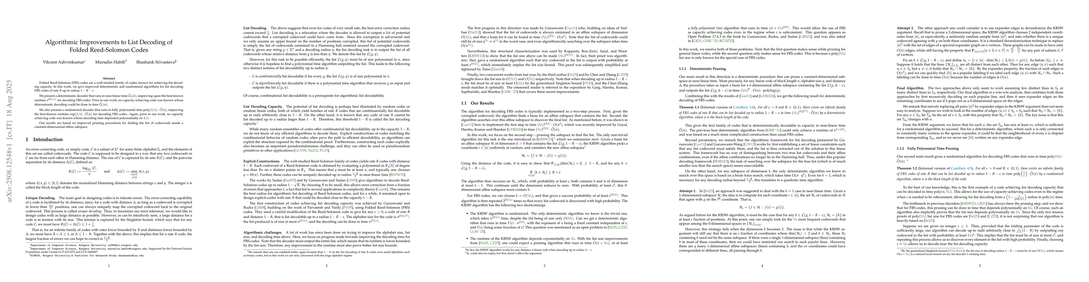 Thumbnail for Algorithmic Improvements to List Decoding of Folded Reed-Solomon Codes