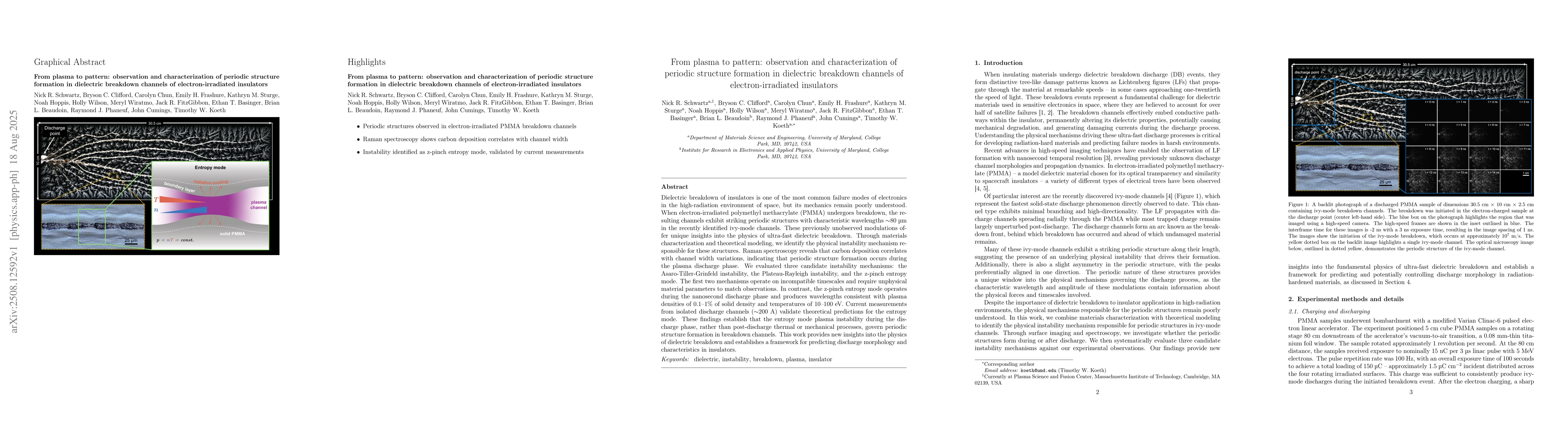 Thumbnail for From plasma to pattern: observation and characterization of periodic
  structure formation in dielectric breakdown channels of electron-irradiated
  insulators
