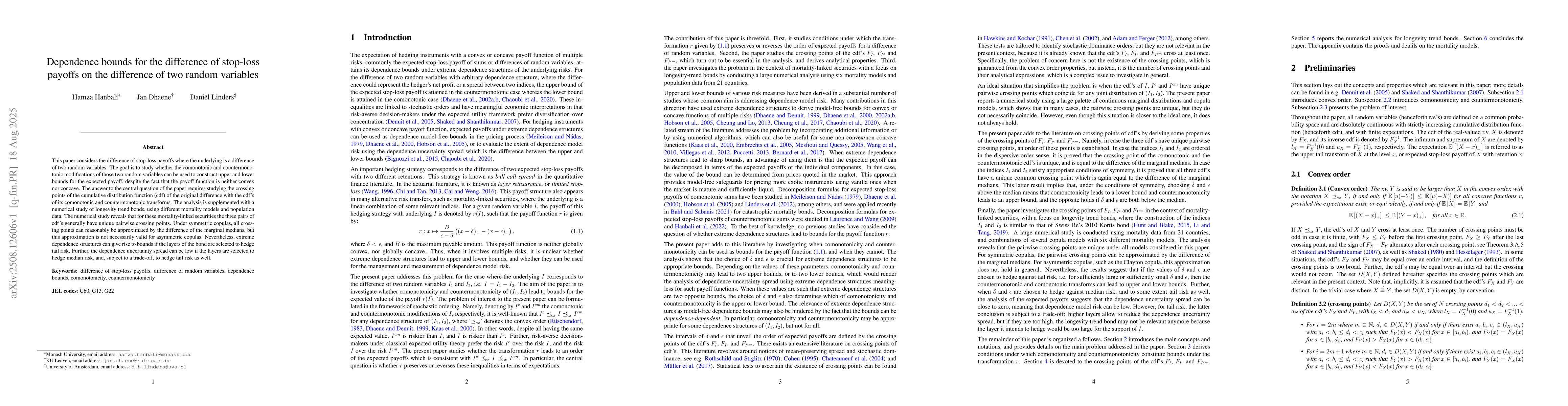 Thumbnail for Dependence bounds for the difference of stop-loss payoffs on the
  difference of two random variables