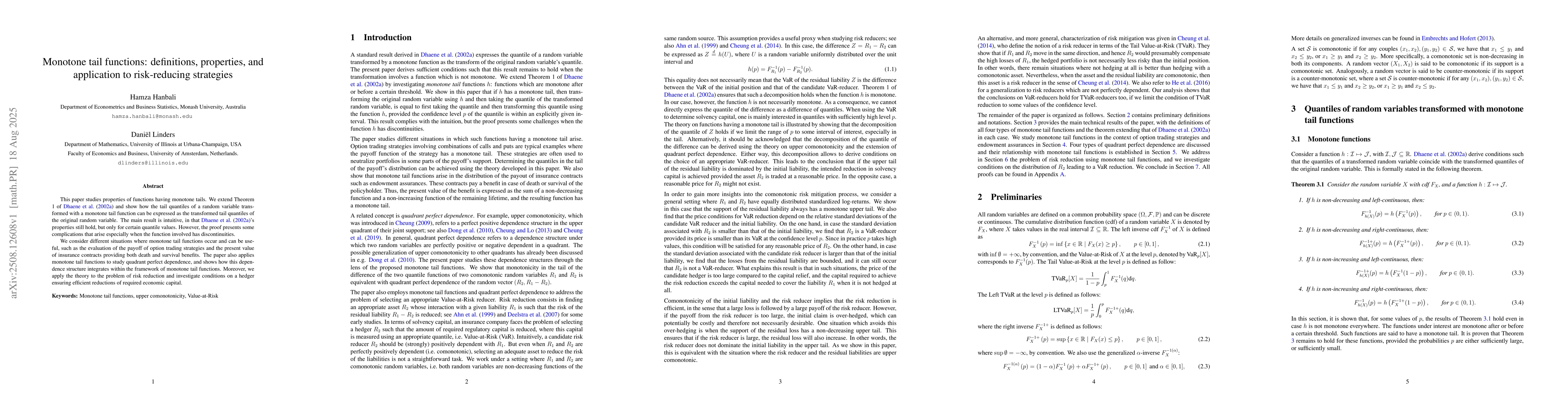 Thumbnail for Monotone tail functions: definitions, properties, and application to
  risk-reducing strategies