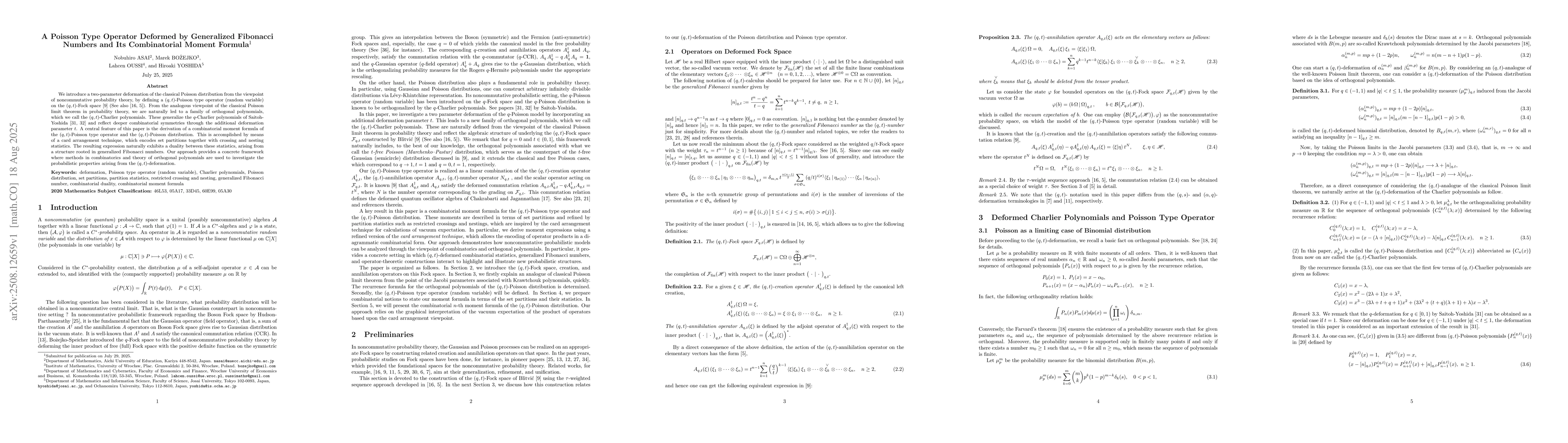 Thumbnail for A Poisson Type Operator Deformed by Generalized Fibonacci Numbers and
  Its Combinatorial Moment Formula