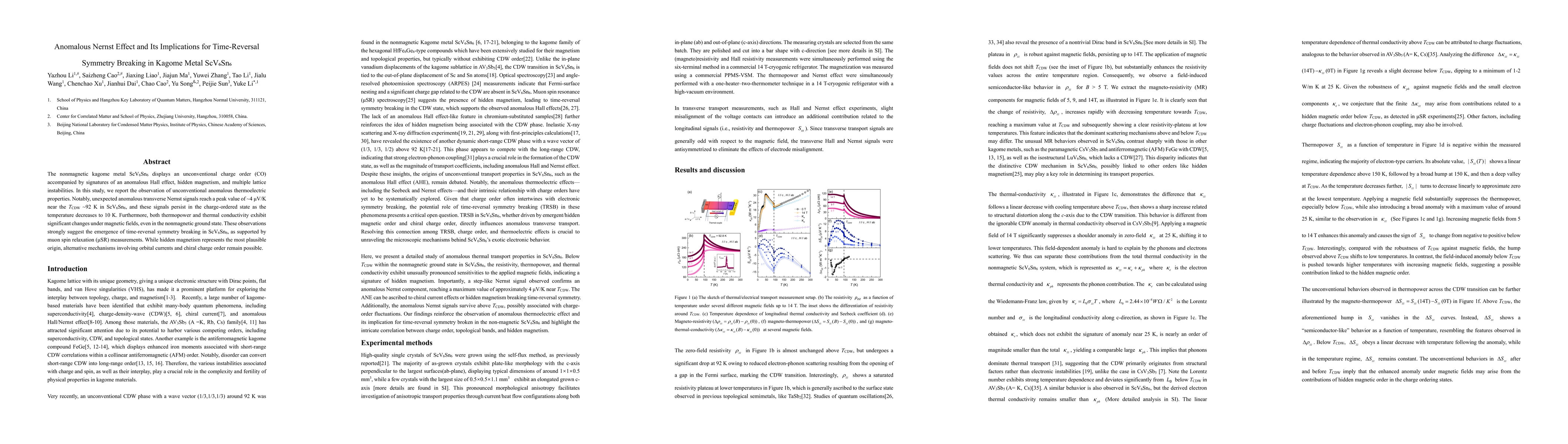 Thumbnail for Anomalous Nernst Effect and Its Implications for Time-Reversal Symmetry
  Breaking in Kagome Metal ScV6Sn6