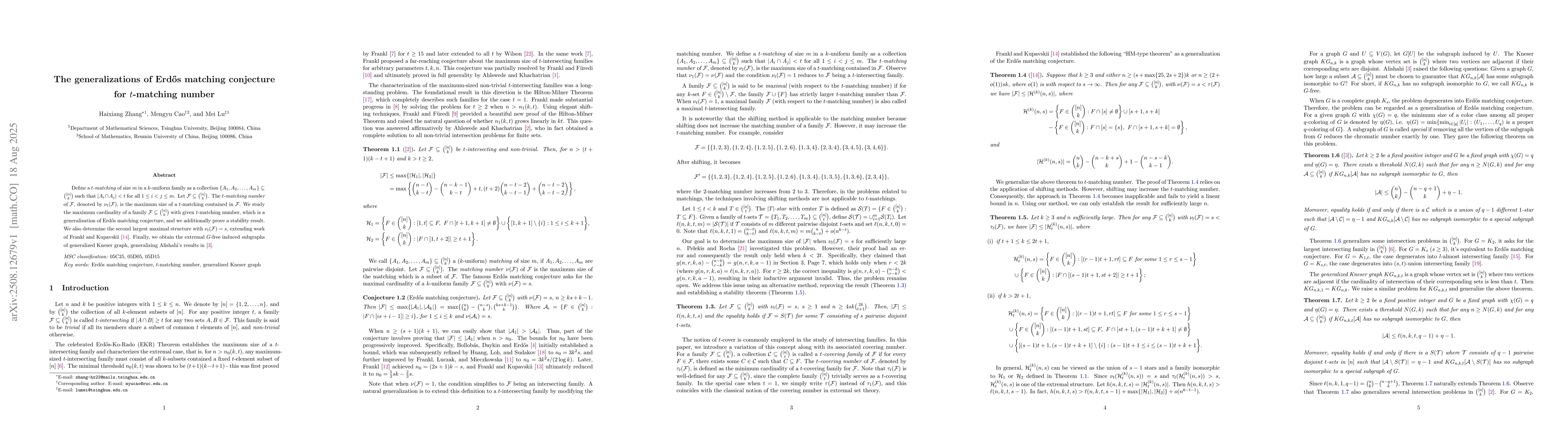 Thumbnail for The generalizations of Erdős matching conjecture for $t$-matching
  number
