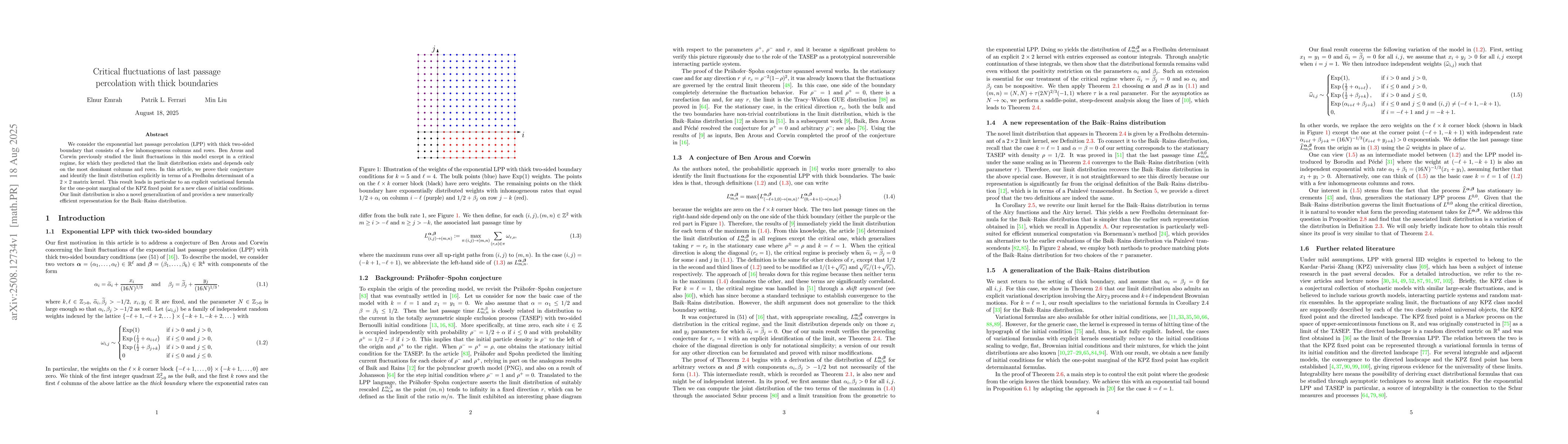 Thumbnail for Critical fluctuations of last passage percolation with thick boundaries