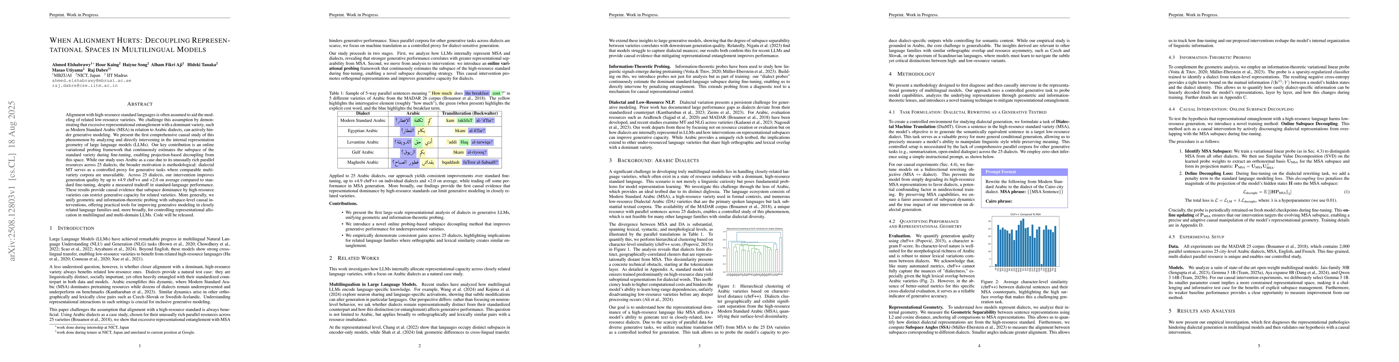 Thumbnail for When Alignment Hurts: Decoupling Representational Spaces in Multilingual
  Models