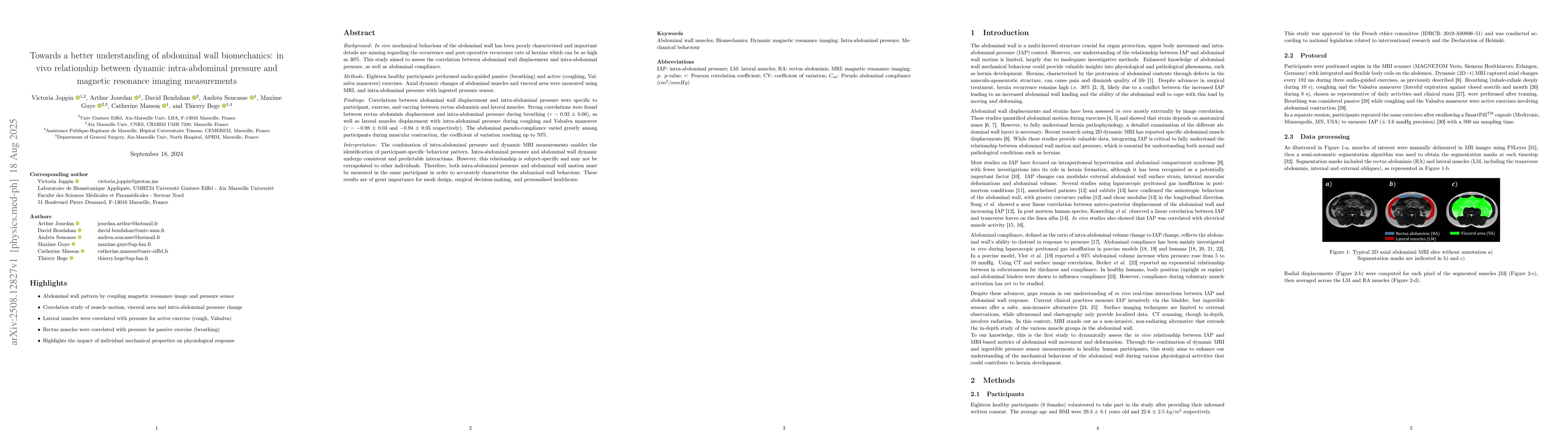 Thumbnail for Towards a better understanding of abdominal wall biomechanics: in vivo
  relationship between dynamic intra-abdominal pressure and magnetic resonance
  imaging measurements