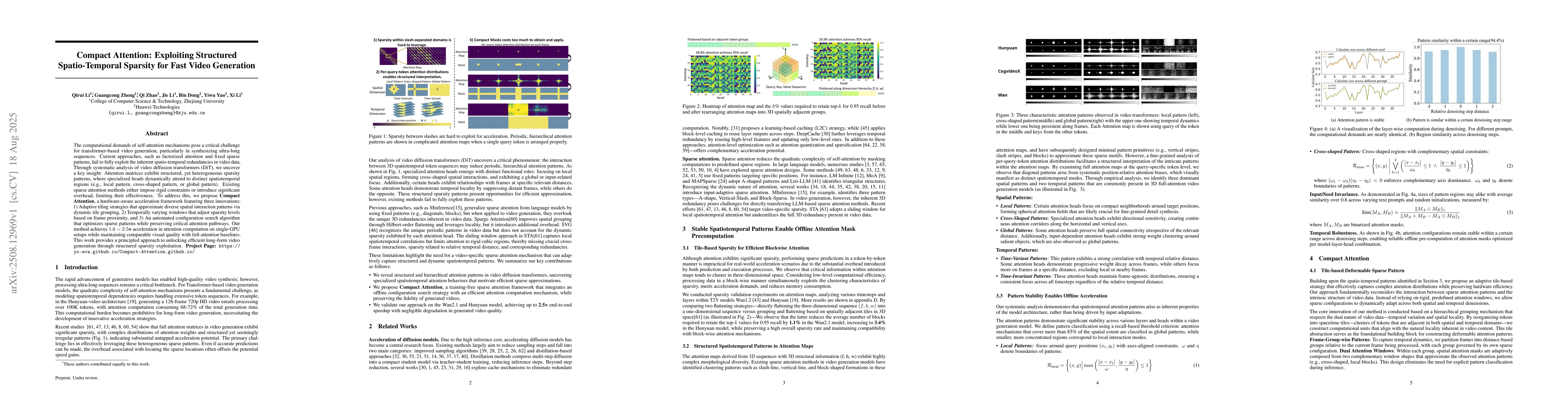 Thumbnail for Compact Attention: Exploiting Structured Spatio-Temporal Sparsity for
  Fast Video Generation