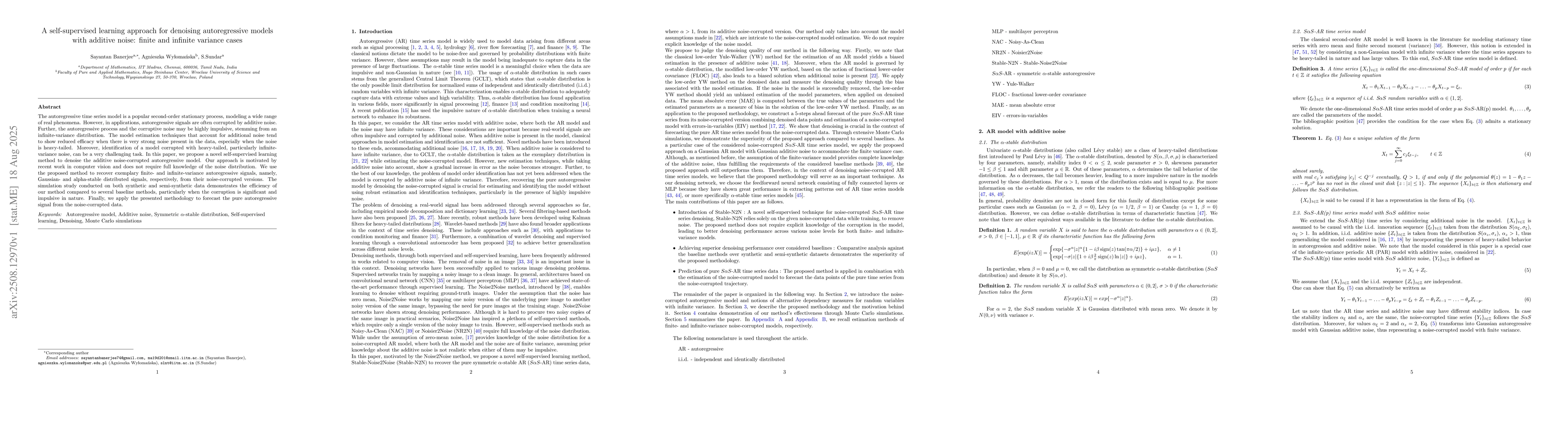 Thumbnail for A self-supervised learning approach for denoising autoregressive models
  with additive noise: finite and infinite variance cases
