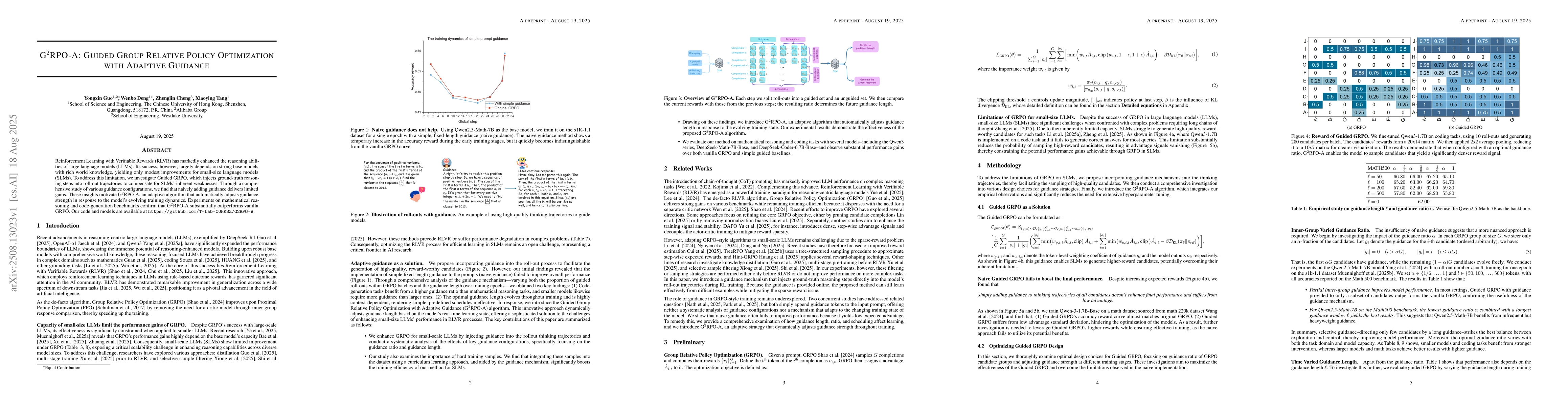 Thumbnail for G$^2$RPO-A: Guided Group Relative Policy Optimization with Adaptive
  Guidance