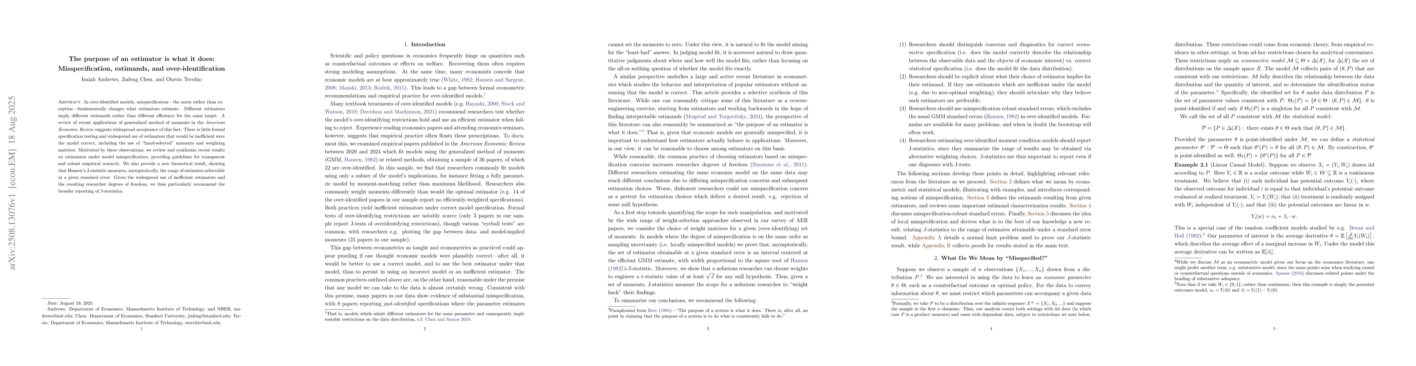 Thumbnail for The purpose of an estimator is what it does: Misspecification,
  estimands, and over-identification