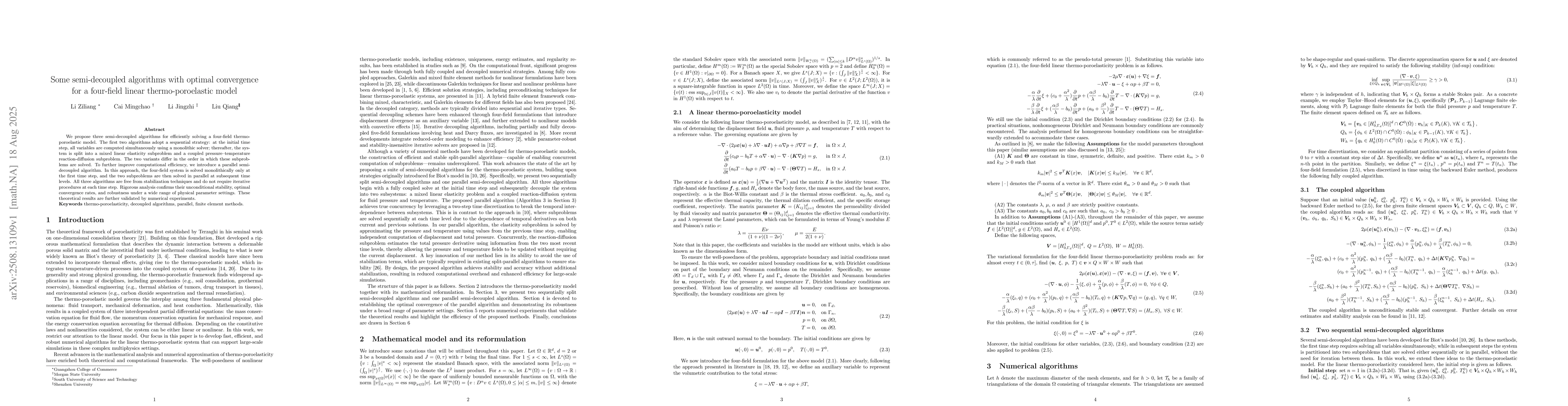 Thumbnail for Some semi-decoupled algorithms with optimal convergence for a four-field
  linear thermo-poroelastic model