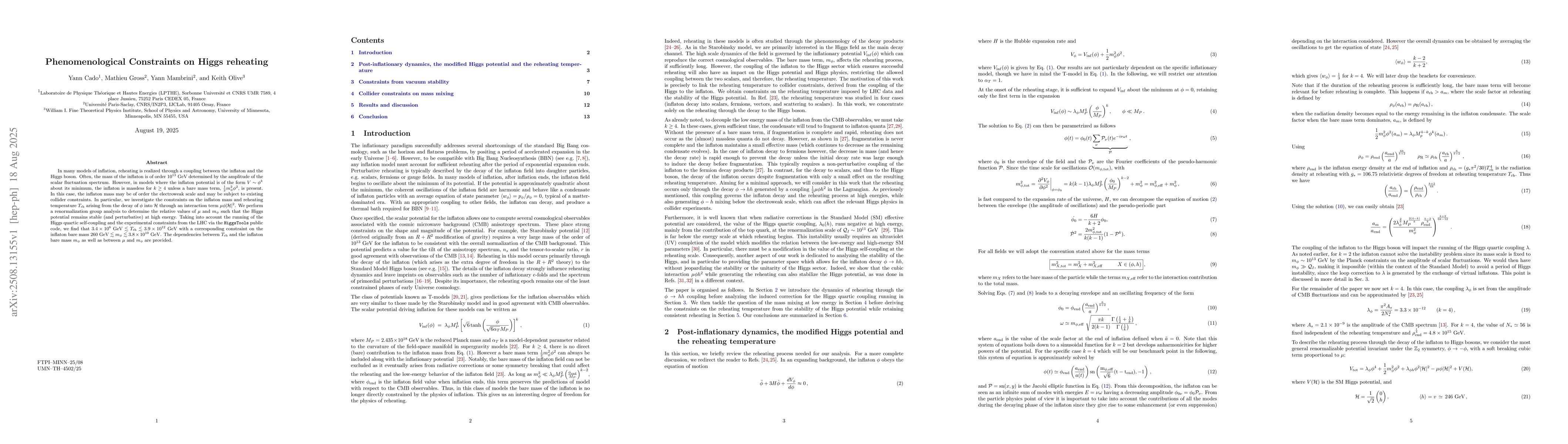 Thumbnail for Phenomenological Constraints on Higgs reheating
