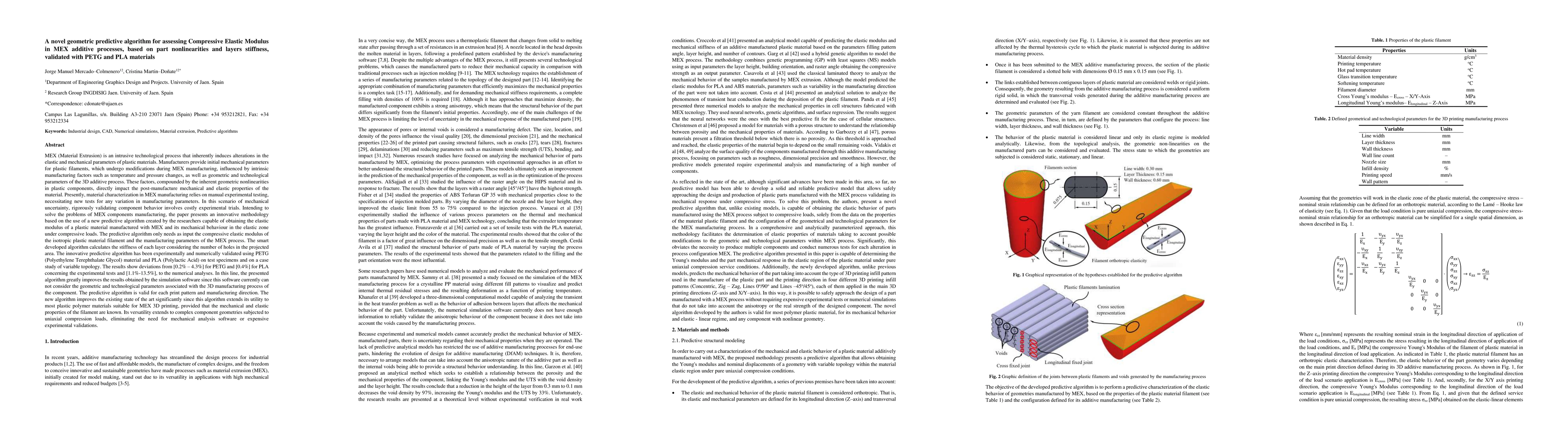 Thumbnail for A novel geometric predictive algorithm for assessing Compressive Elastic
  Modulus in MEX additive processes, based on part nonlinearities and layers
  stiffness,validated with PETG and PLA materials