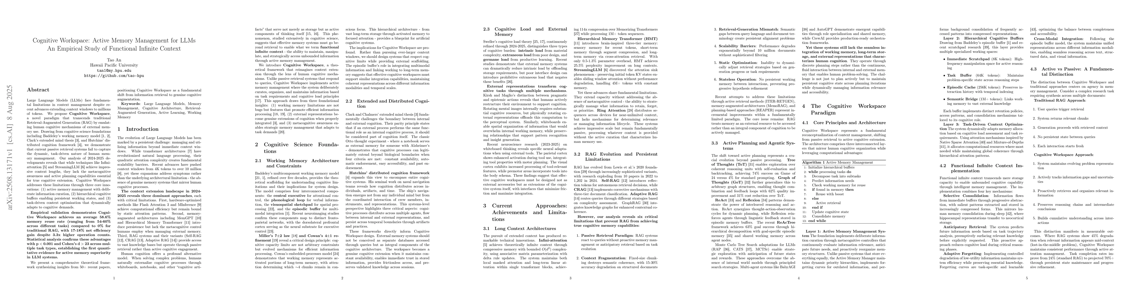 Thumbnail for Cognitive Workspace: Active Memory Management for LLMs -- An Empirical
  Study of Functional Infinite Context
