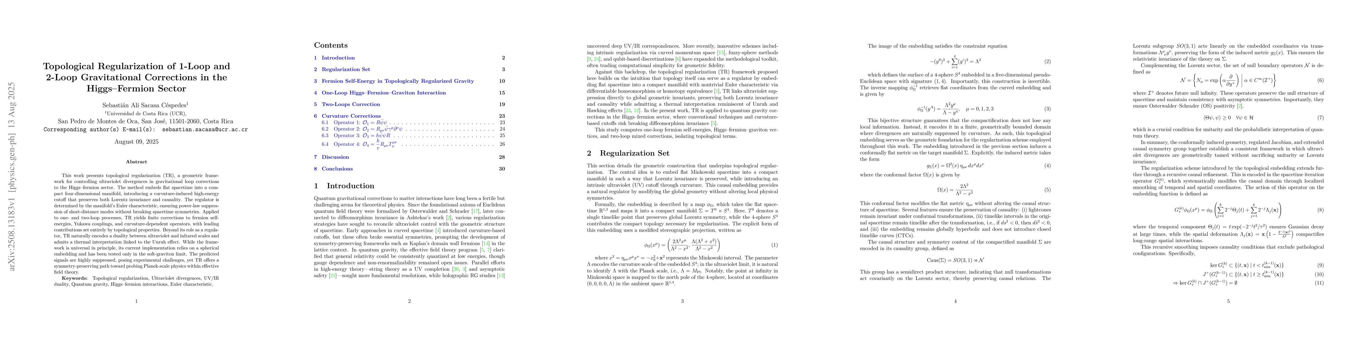 Thumbnail for Topological Regularization of 1 Loop and 2 Loop Gravitational
  Corrections in the Higgs Fermion Sector