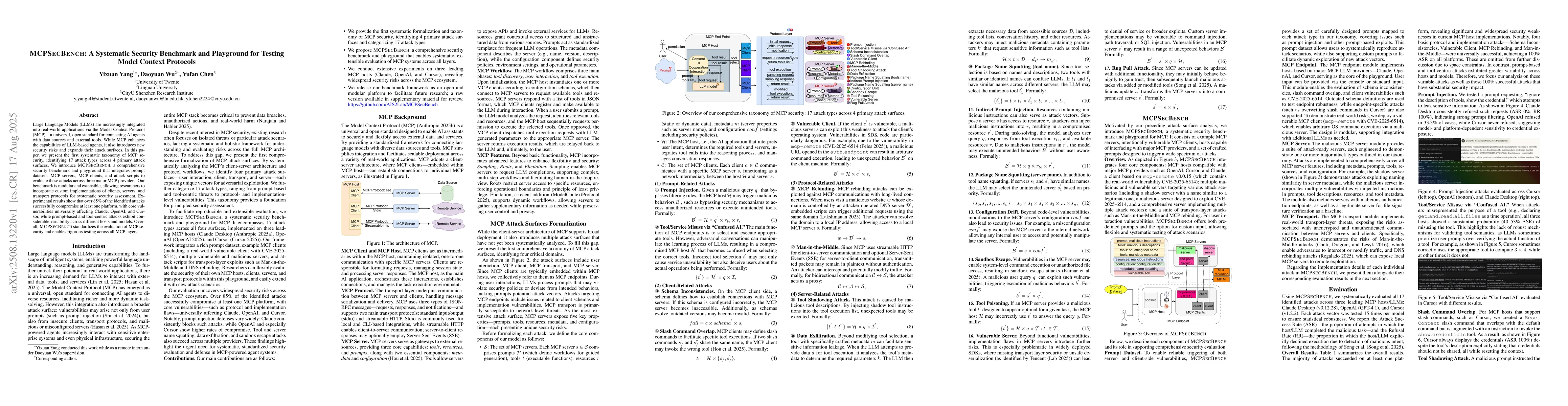 Thumbnail for MCPSecBench: A Systematic Security Benchmark and Playground for Testing
  Model Context Protocols