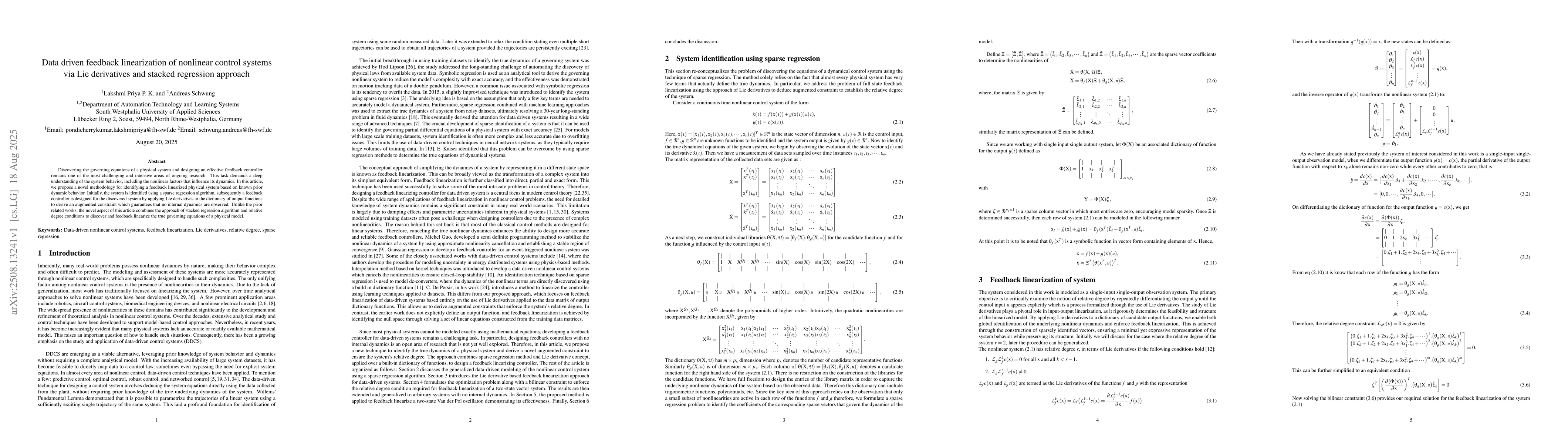 Thumbnail for Data driven feedback linearization of nonlinear control systems via Lie
  derivatives and stacked regression approach