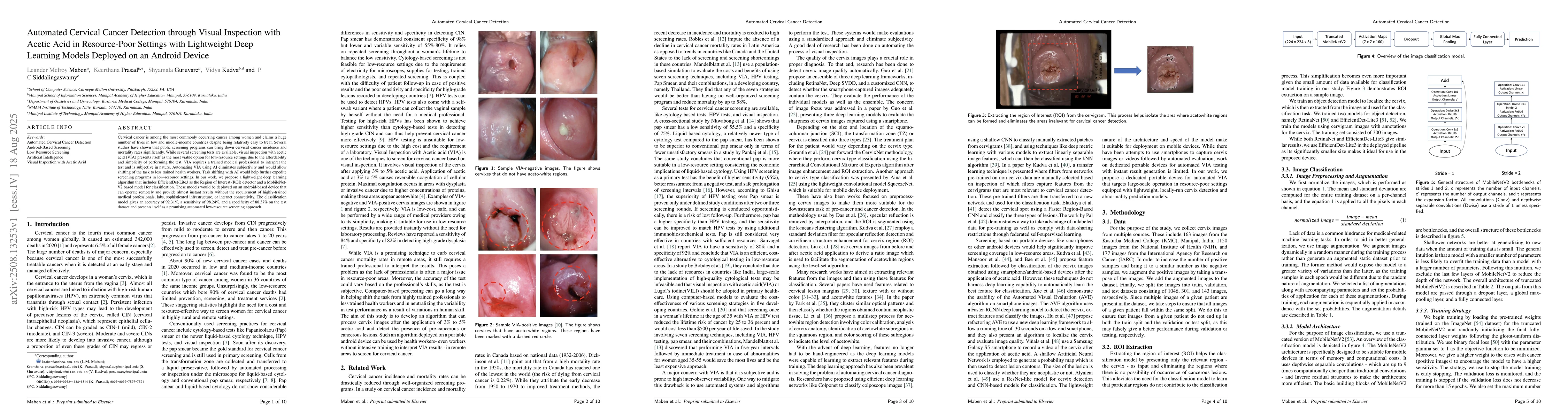 Thumbnail for Automated Cervical Cancer Detection through Visual Inspection with
  Acetic Acid in Resource-Poor Settings with Lightweight Deep Learning Models
  Deployed on an Android Device