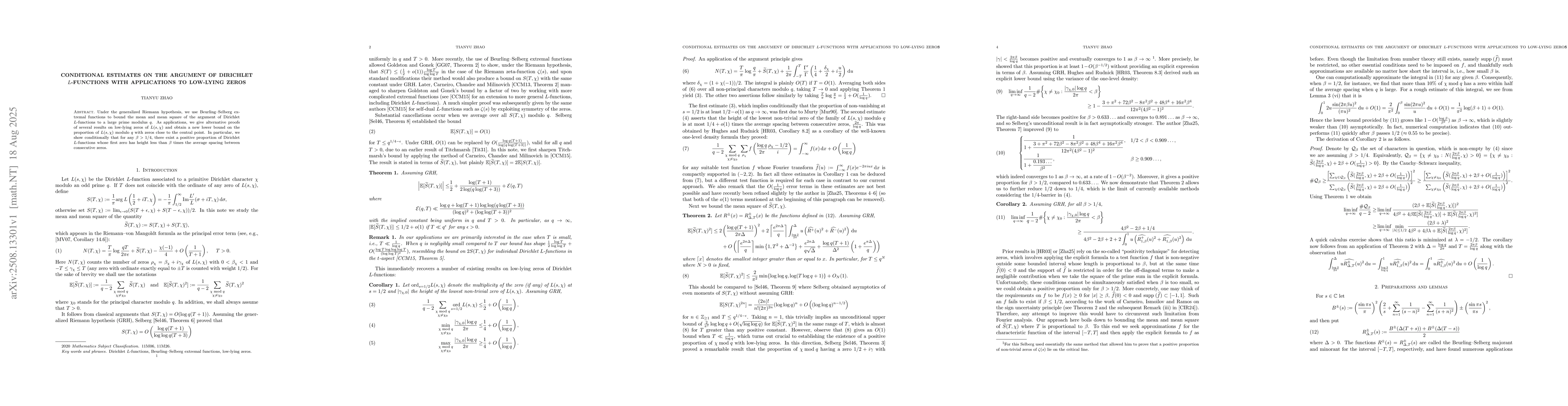 Thumbnail for Conditional estimates on the argument of Dirichlet $L$-functions with
  applications to low-lying zeros