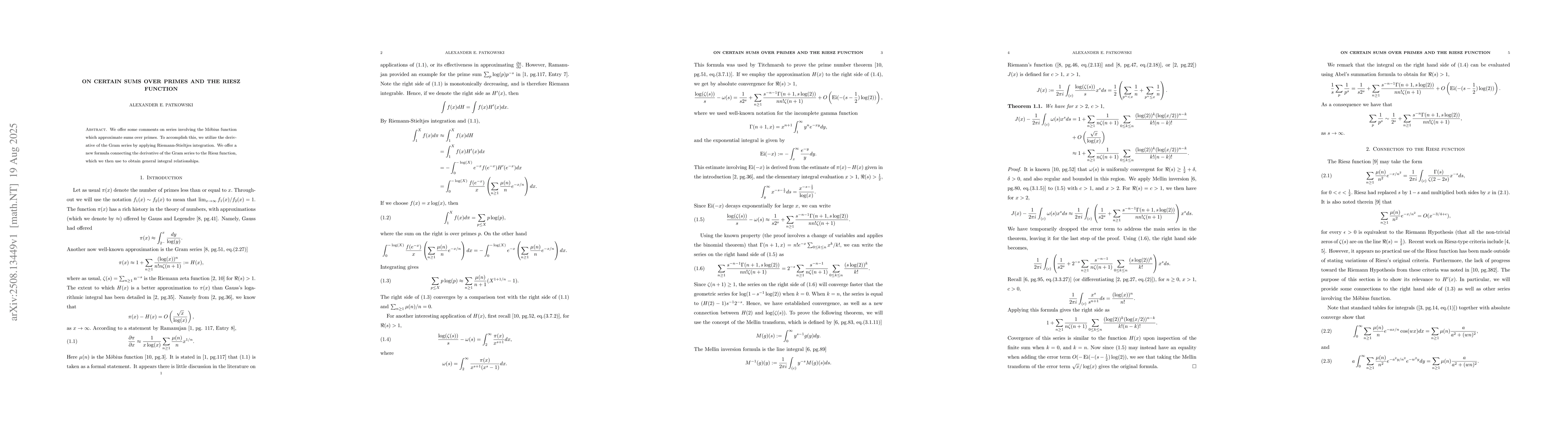 Thumbnail for On certain sums over primes and the Riesz function
