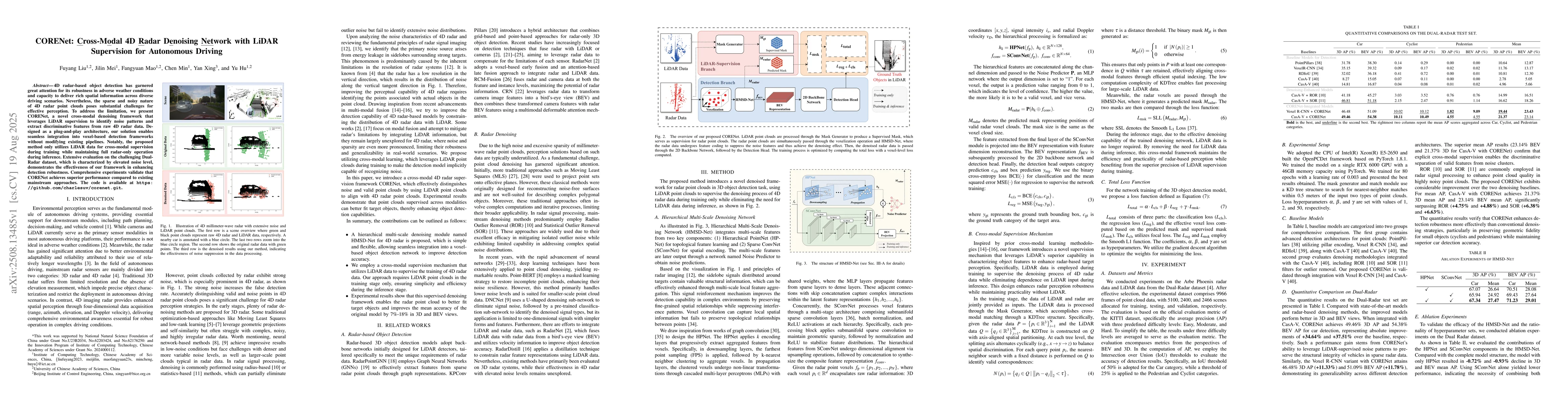Thumbnail for CORENet: Cross-Modal 4D Radar Denoising Network with LiDAR Supervision
  for Autonomous Driving