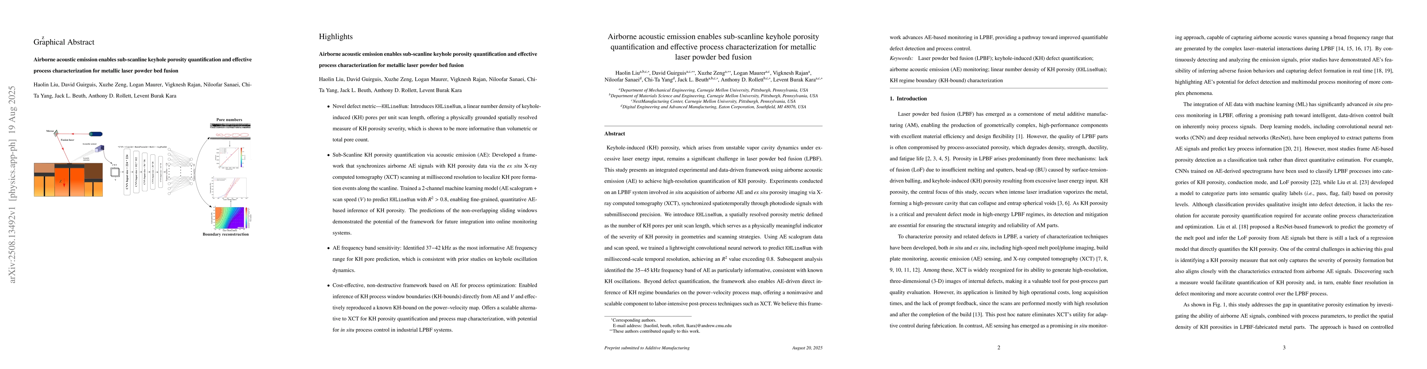 Thumbnail for Airborne acoustic emission enables sub-scanline keyhole porosity
  quantification and effective process characterization for metallic laser
  powder bed fusion