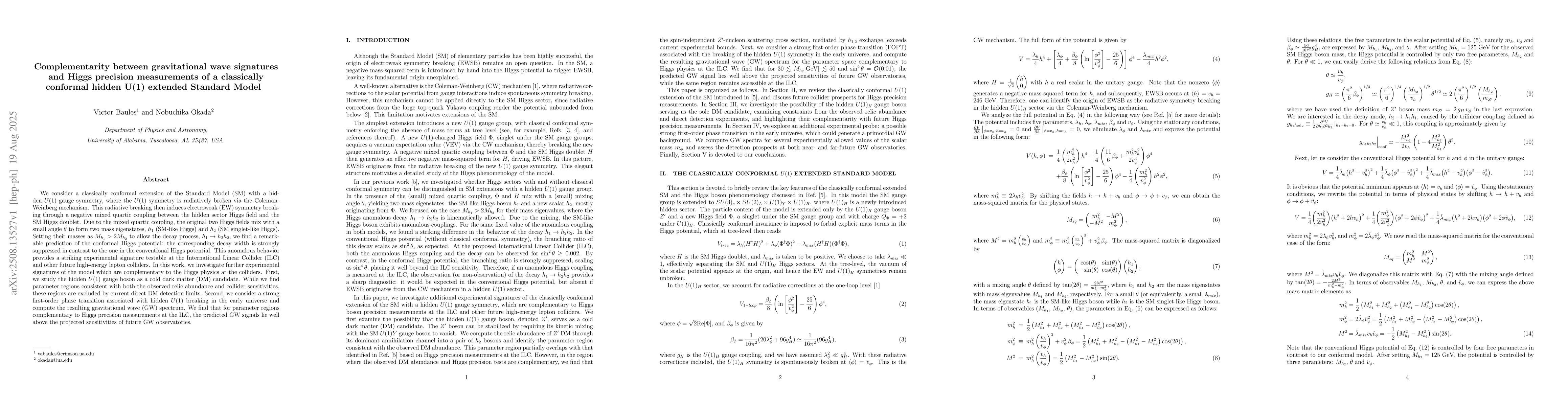 Thumbnail for Complementarity between gravitational wave signatures and Higgs
  precision measurements of a classically conformal hidden U(1) extended
  Standard Model