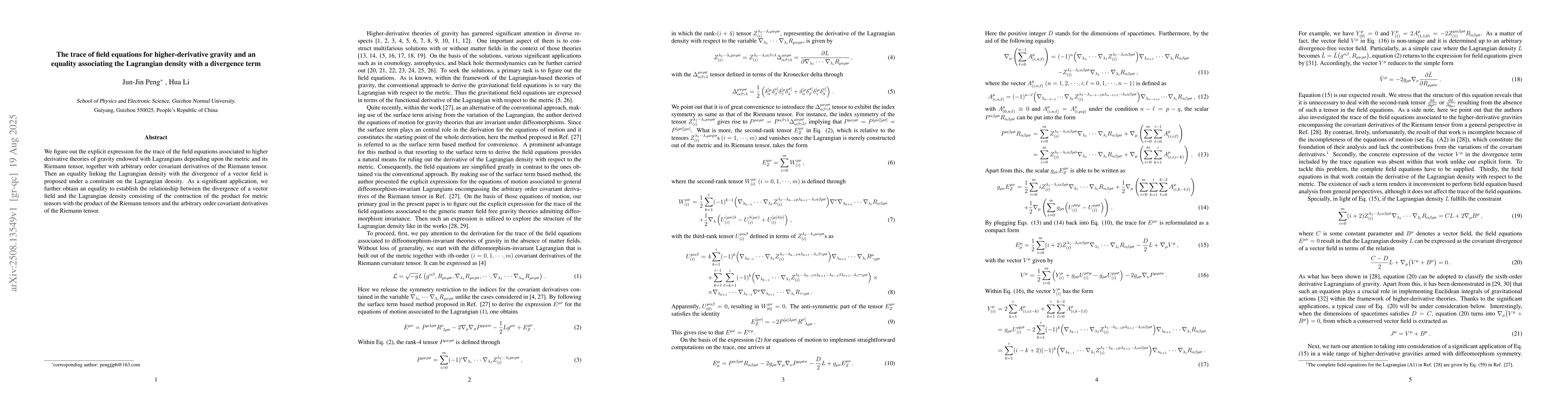 Thumbnail for The trace of field equations for higher-derivative gravity and an
  equality associating the Lagrangian density with a divergence term