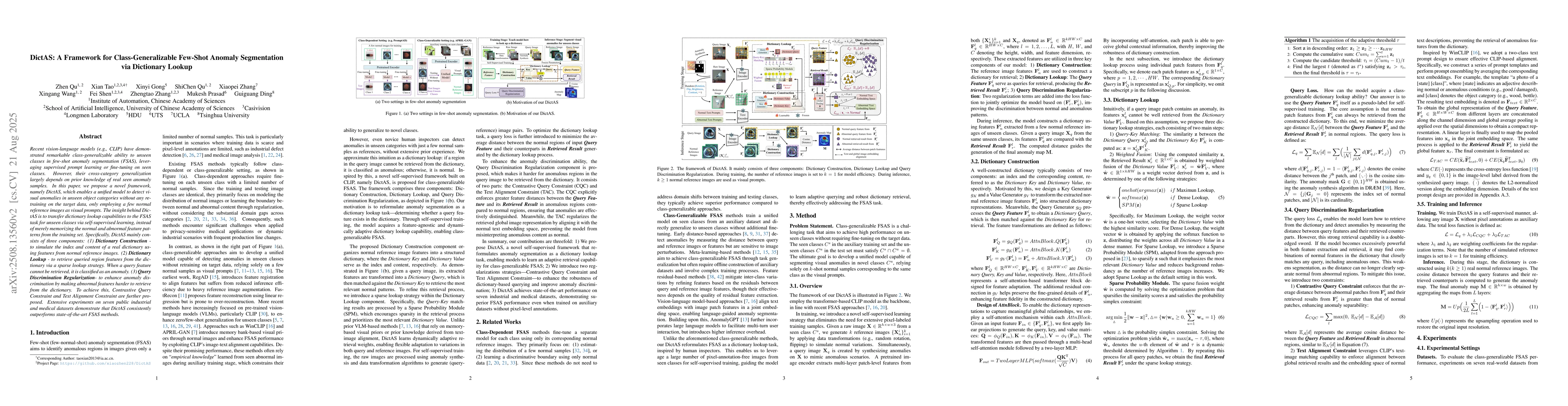 Thumbnail for DictAS: A Framework for Class-Generalizable Few-Shot Anomaly
  Segmentation via Dictionary Lookup