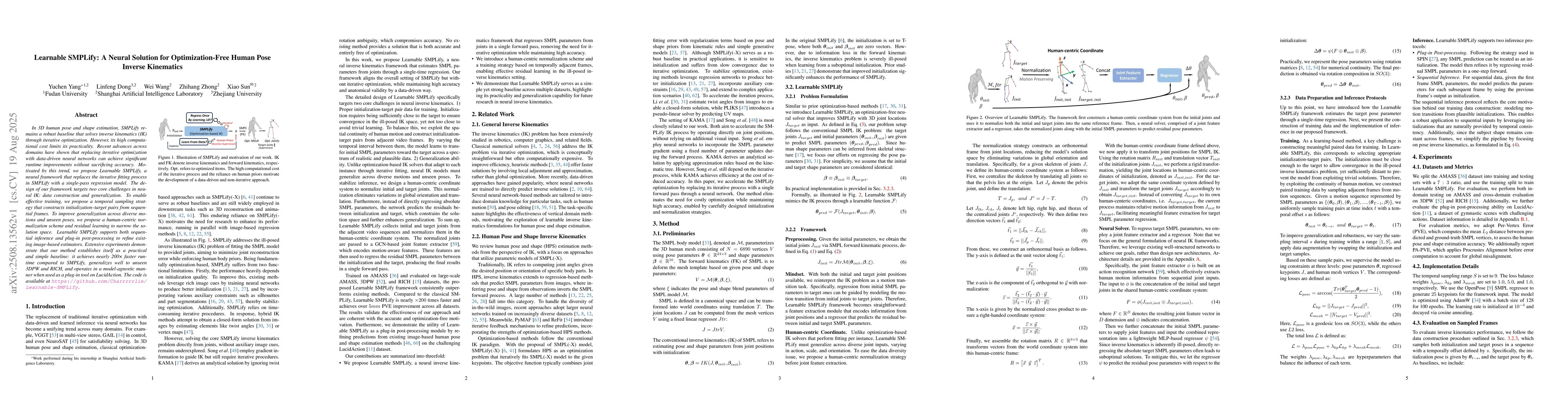 Thumbnail for Learnable SMPLify: A Neural Solution for Optimization-Free Human Pose
  Inverse Kinematics