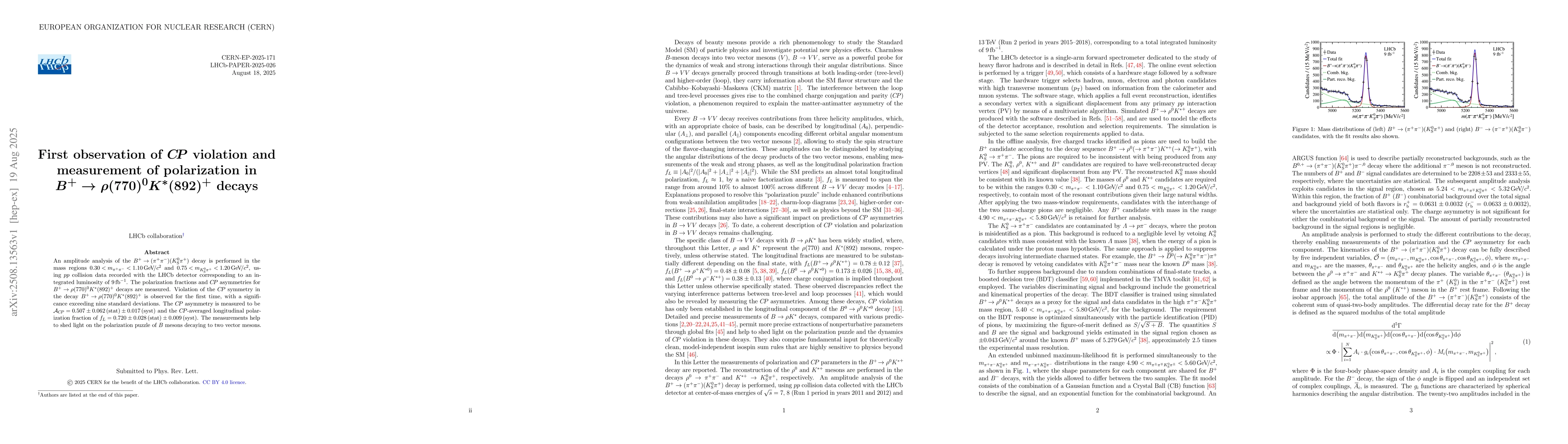 Thumbnail for First observation of $CP$ violation and measurement of polarization in
  $B^+\toρ(770)^0 K^*(892)^+$ decays