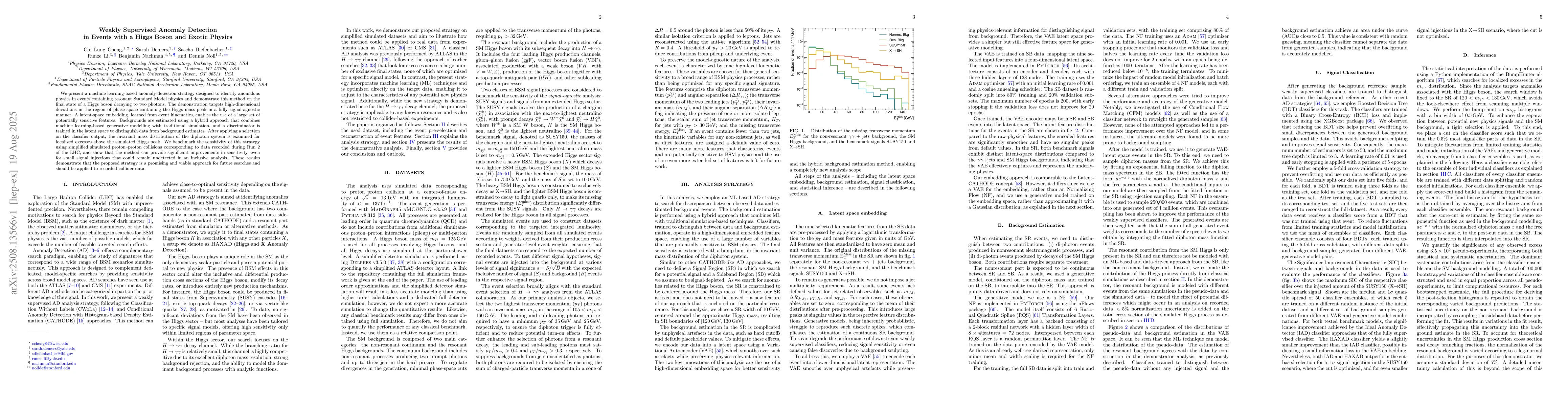 Thumbnail for Weakly Supervised Anomaly Detection in Events with a Higgs Boson and
  Exotic Physics