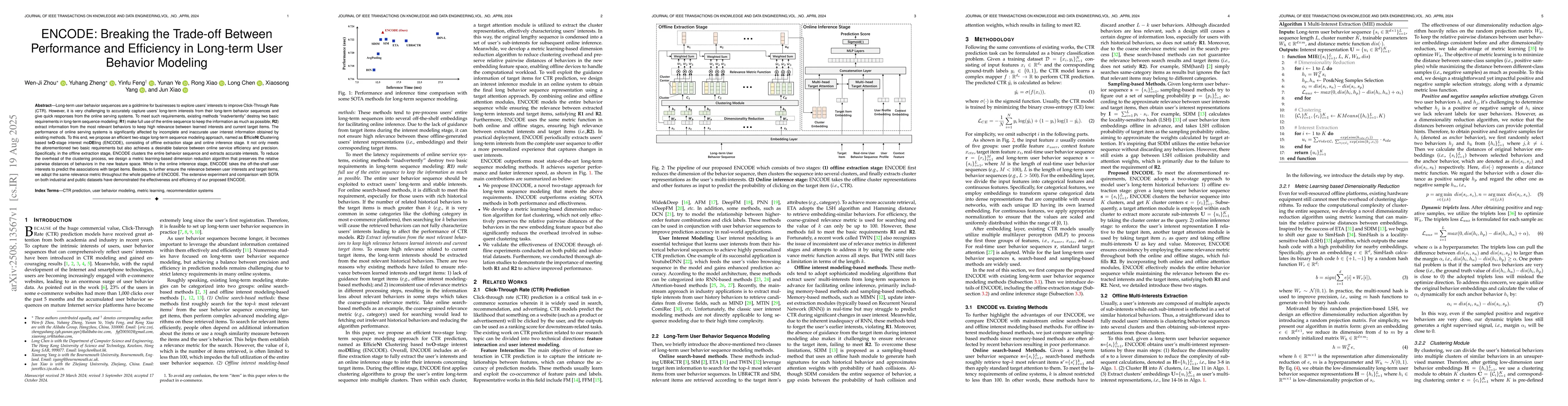 Thumbnail for ENCODE: Breaking the Trade-Off Between Performance and Efficiency in
  Long-Term User Behavior Modeling