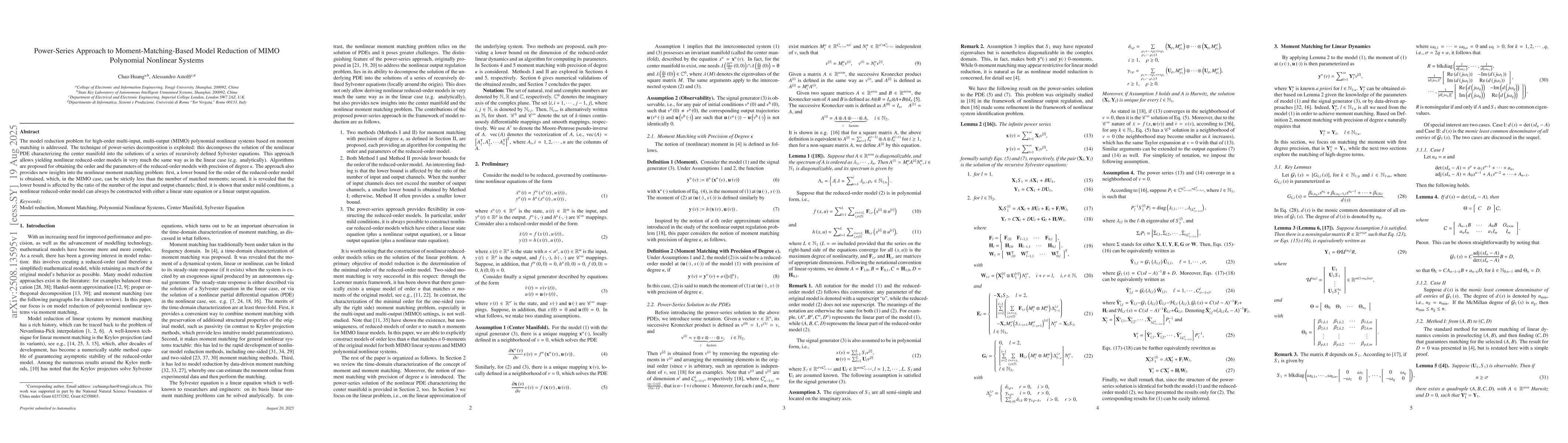 Thumbnail for Power-Series Approach to Moment-Matching-Based Model Reduction of MIMO
  Polynomial Nonlinear Systems