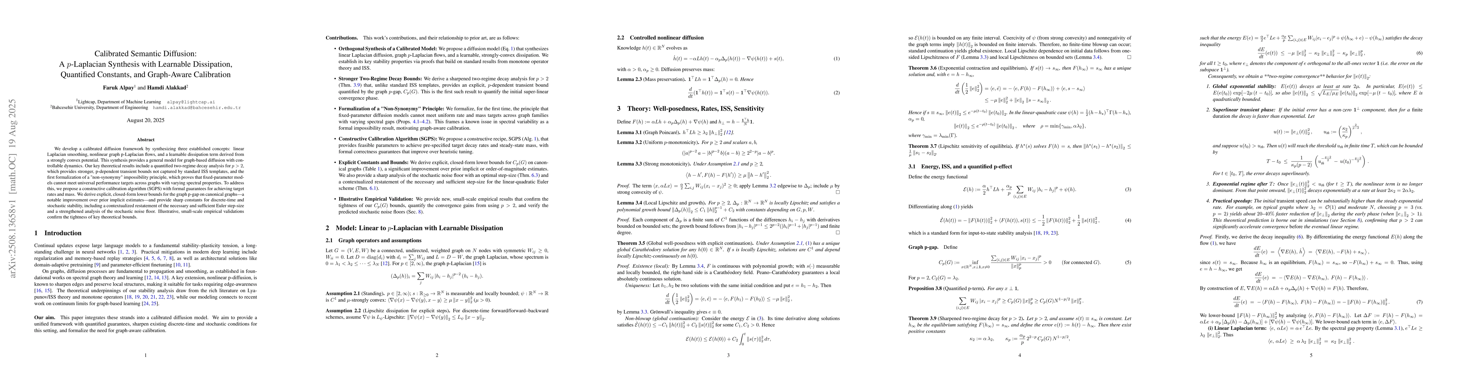 Thumbnail for Calibrated Semantic Diffusion: A p-Laplacian Synthesis with Learnable
  Dissipation, Quantified Constants, and Graph-Aware Calibration