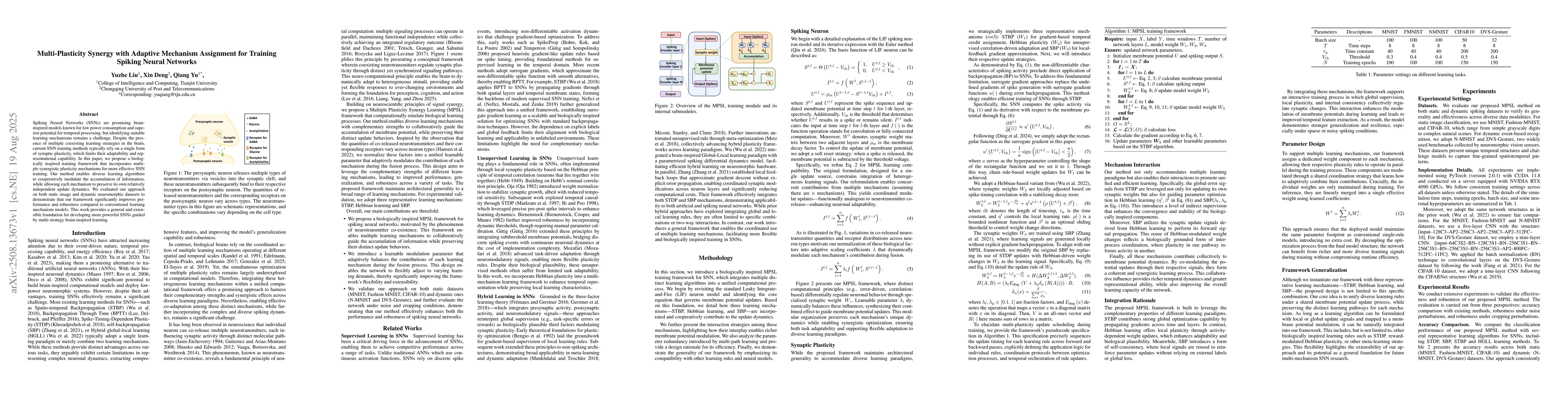Thumbnail for Multi-Plasticity Synergy with Adaptive Mechanism Assignment for Training
  Spiking Neural Networks