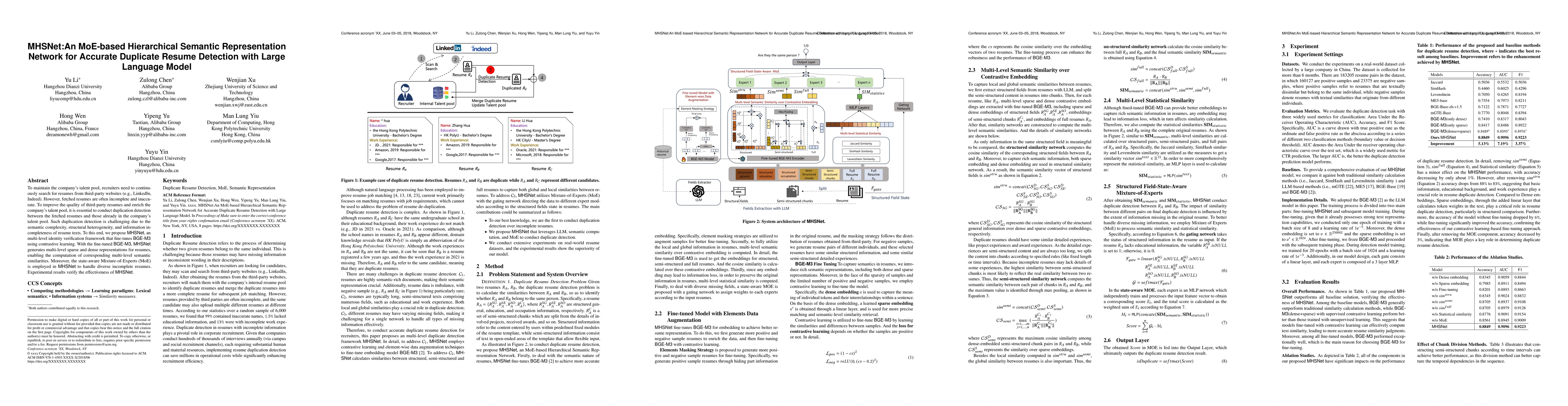 Thumbnail for MHSNet:An MoE-based Hierarchical Semantic Representation Network for
  Accurate Duplicate Resume Detection with Large Language Model
