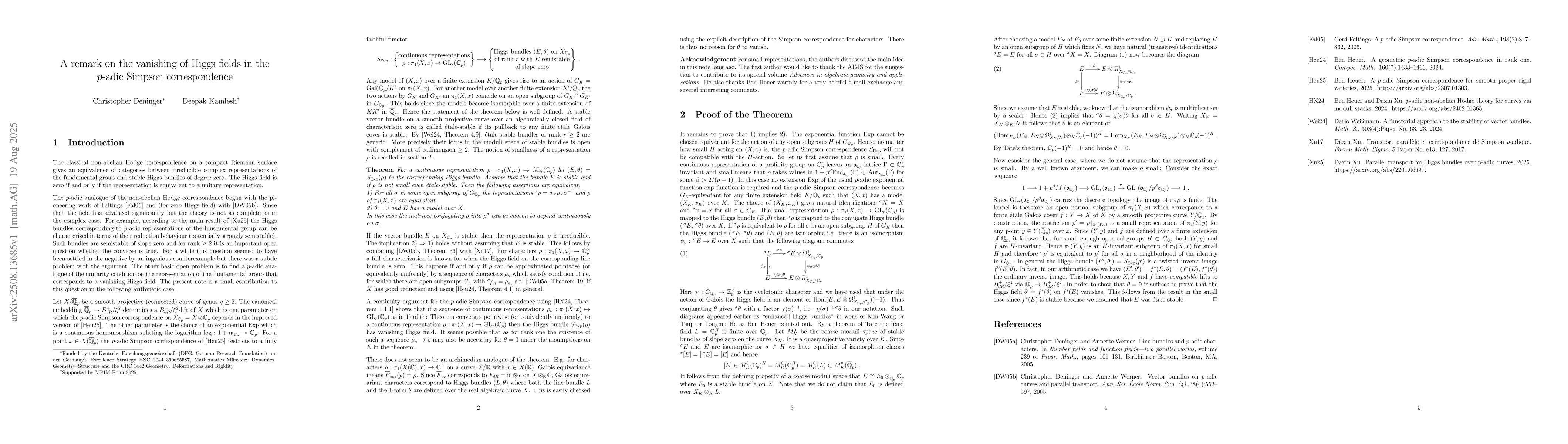Thumbnail for A remark on the vanishing of Higgs fields in the $p$-adic Simpson
  correspondence