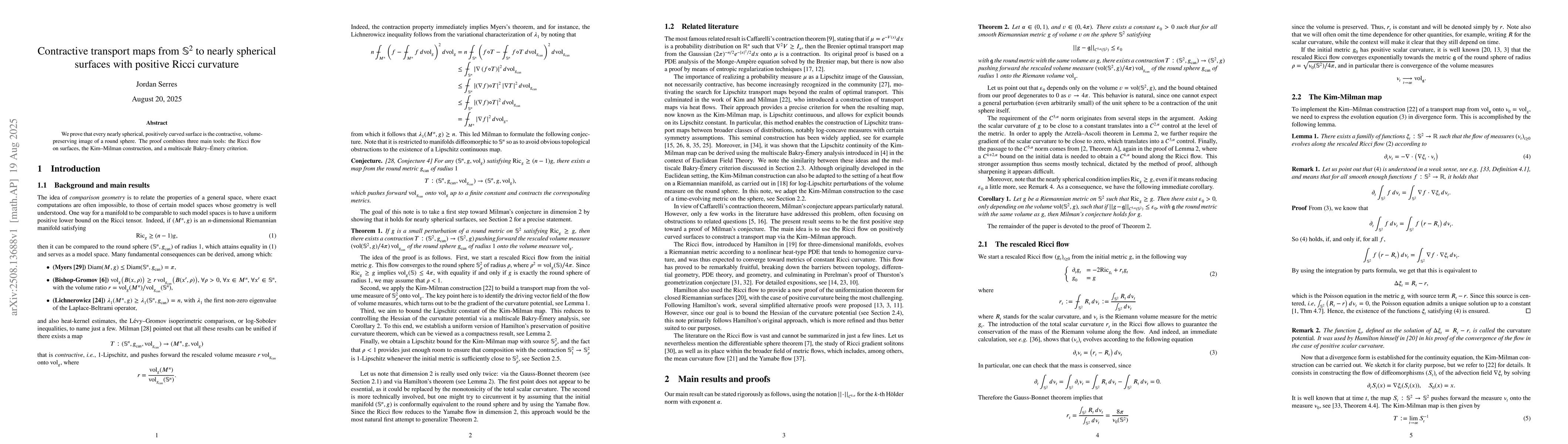 Thumbnail for Contractive transport maps from $\mathbb{S}^2$ to nearly spherical
  surfaces with positive Ricci curvature