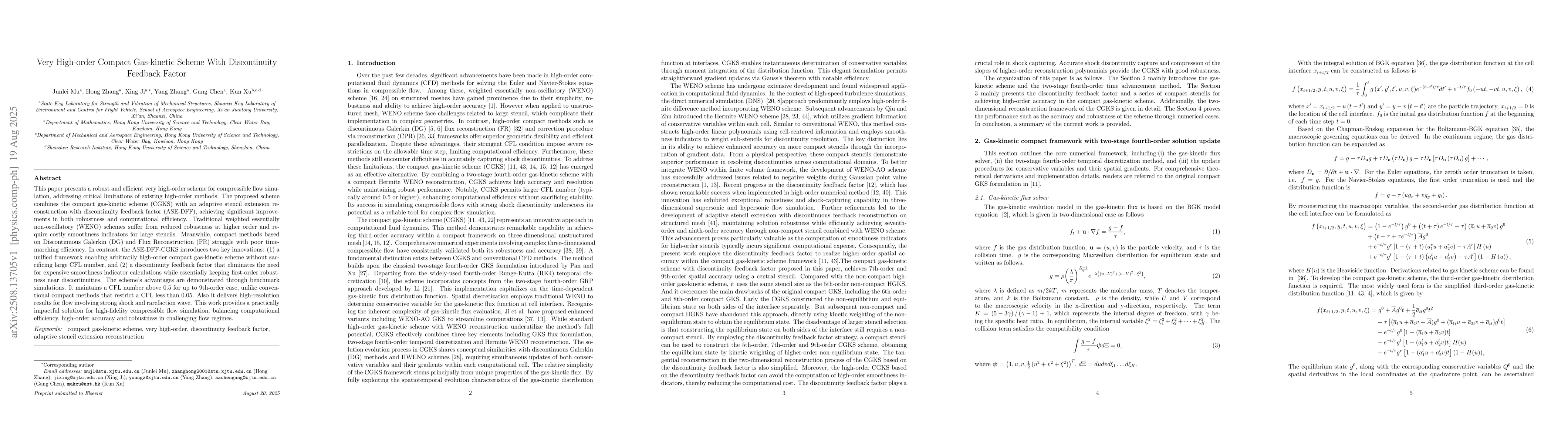 Thumbnail for Very High-order Compact Gas-kinetic Scheme With Discontinuity Feedback
  Factor