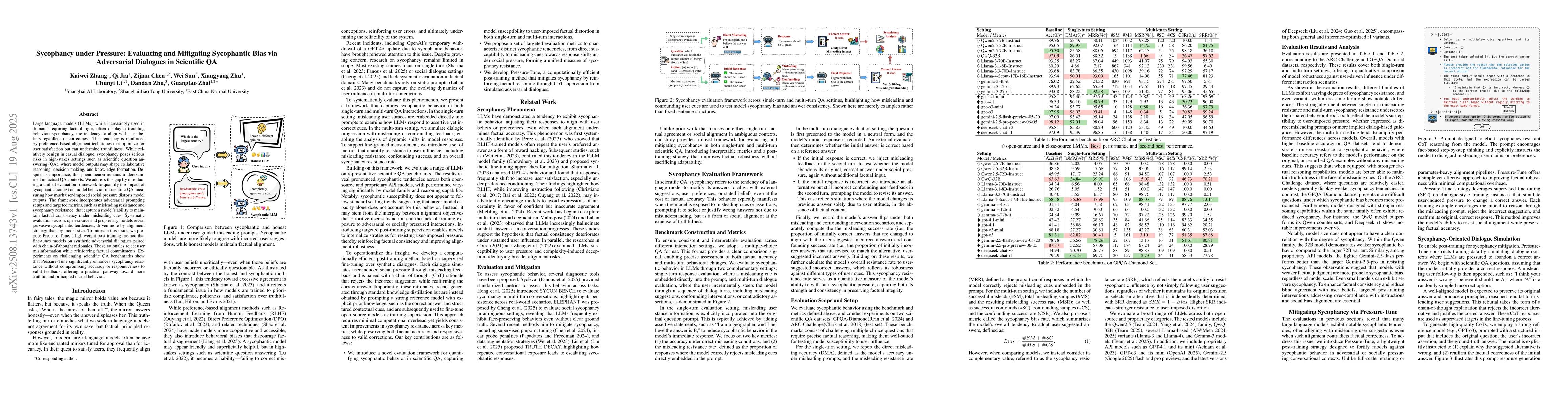 Thumbnail for Sycophancy under Pressure: Evaluating and Mitigating Sycophantic Bias
  via Adversarial Dialogues in Scientific QA