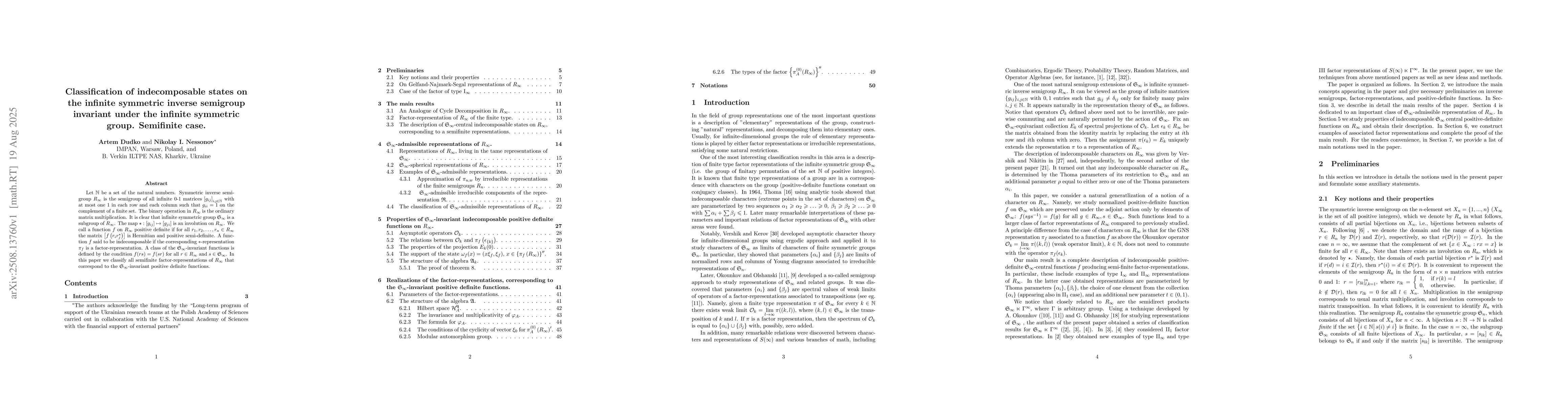 Thumbnail for Classification of indecomposable states on the infinite symmetric
  inverse semigroup invariant under the infinite symmetric group. Semifinite
  case