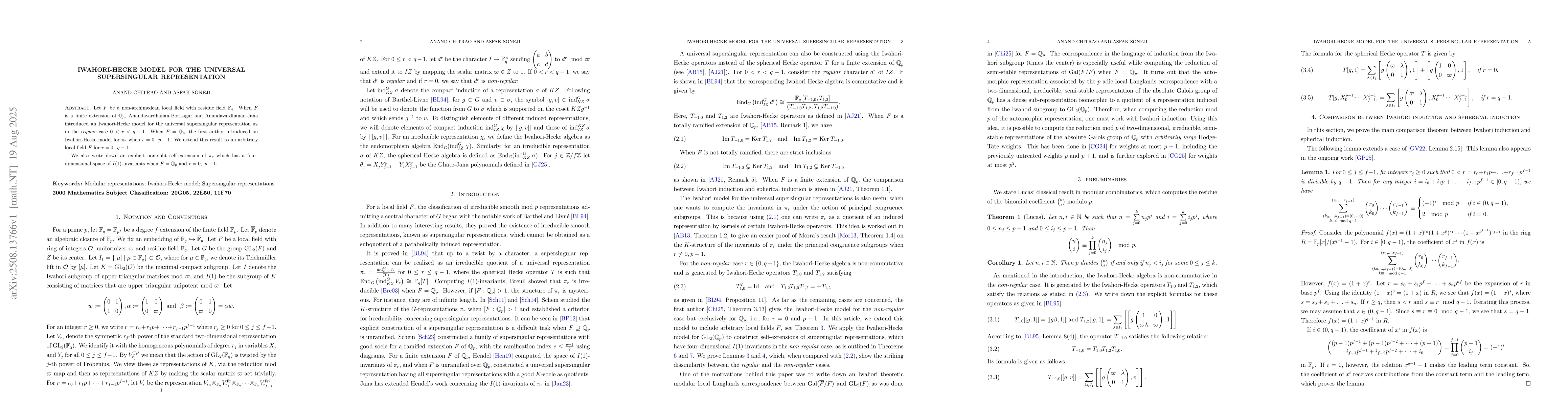 Thumbnail for Iwahori-Hecke model for the universal supersingular representation