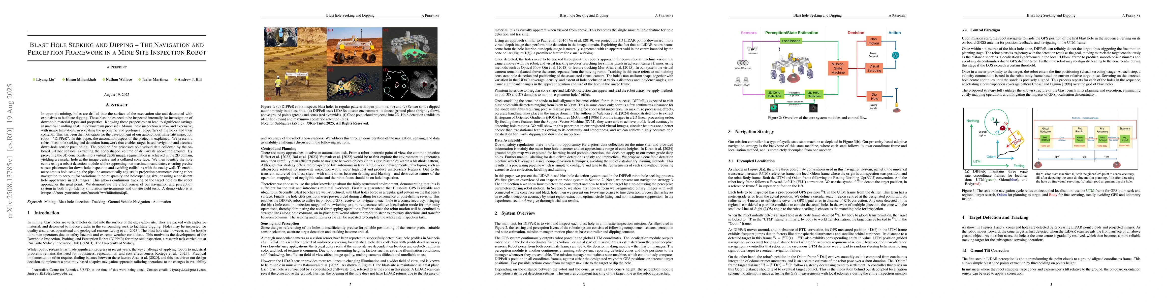 Thumbnail for Blast Hole Seeking and Dipping -- The Navigation and Perception
  Framework in a Mine Site Inspection Robot