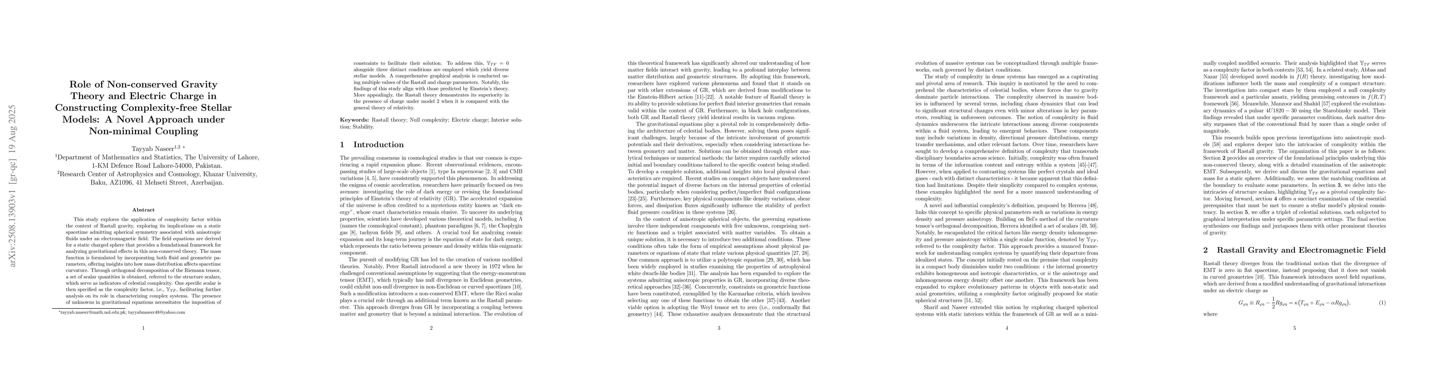 Thumbnail for Role of Non-conserved Gravity Theory and Electric Charge in Constructing
  Complexity-free Stellar Models: A Novel Approach under Non-minimal Coupling