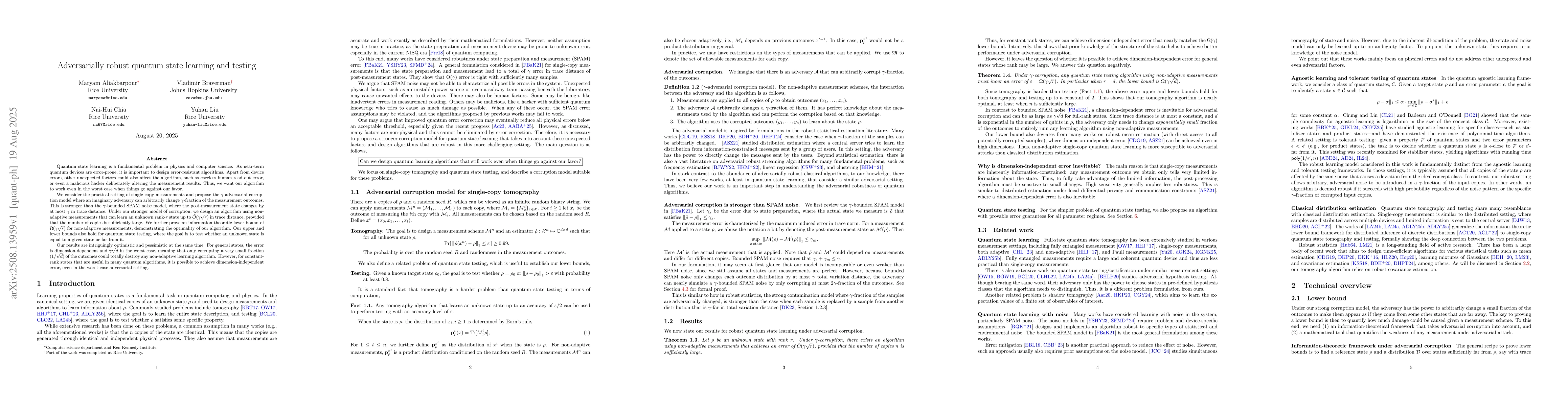 Thumbnail for Adversarially robust quantum state learning and testing