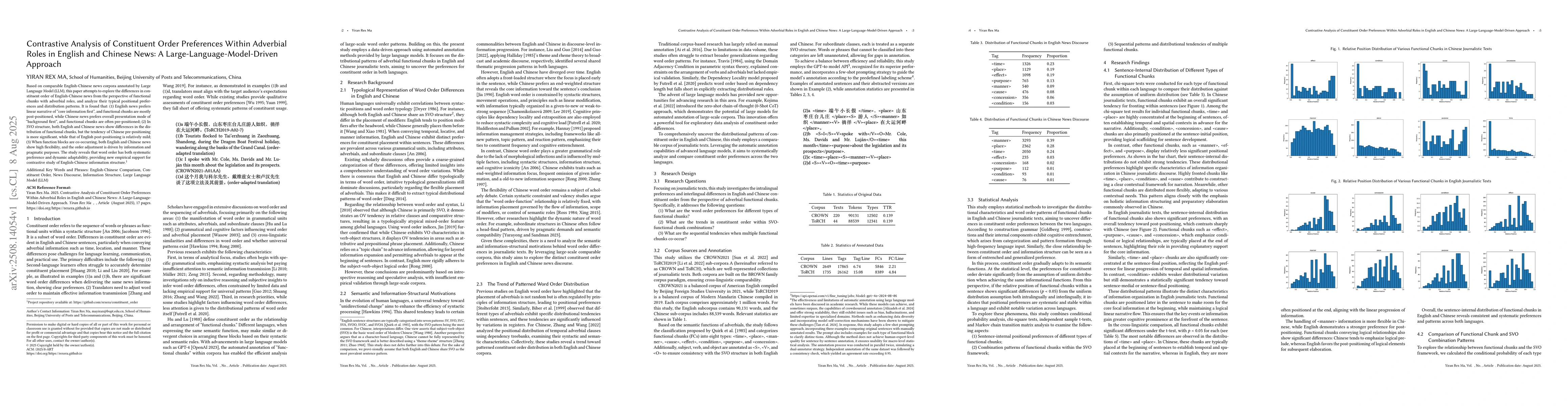 Thumbnail for Contrastive Analysis of Constituent Order Preferences Within Adverbial
  Roles in English and Chinese News: A Large-Language-Model-Driven Approach
