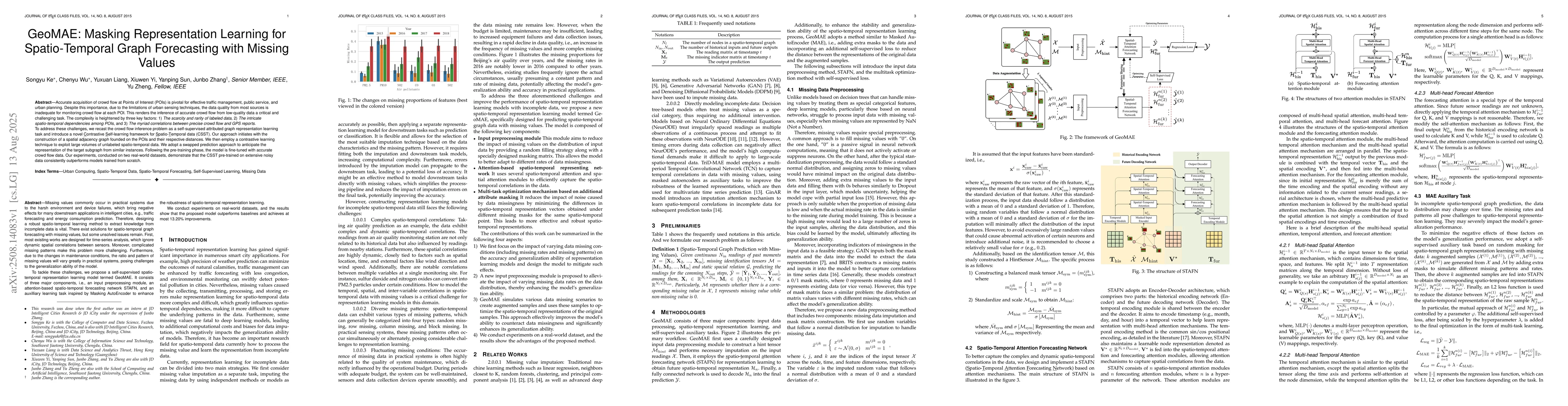 Thumbnail for GeoMAE: Masking Representation Learning for Spatio-Temporal Graph
  Forecasting with Missing Values