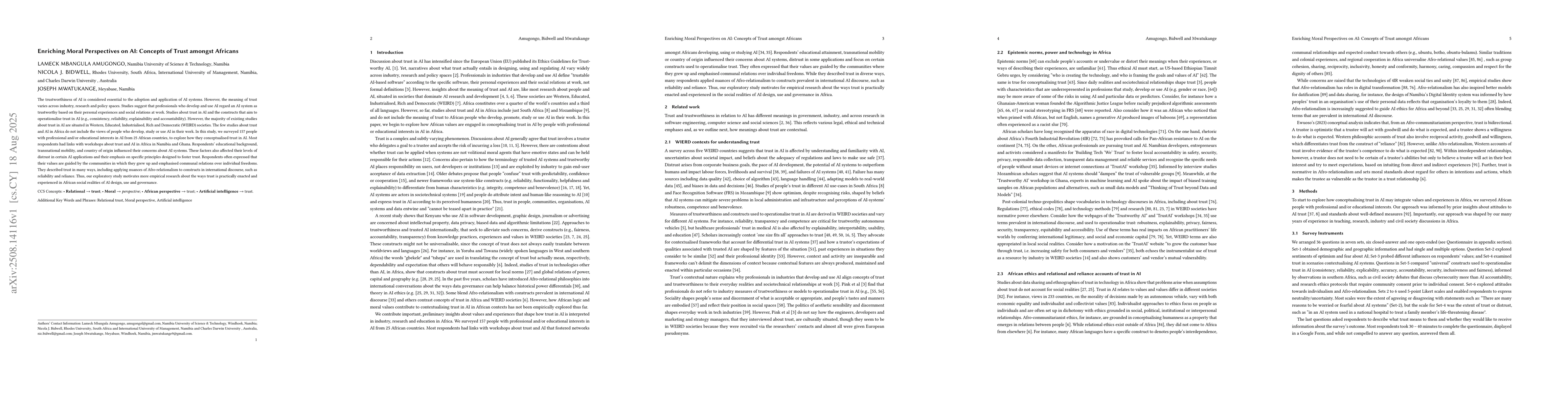 Thumbnail for Enriching Moral Perspectives on AI: Concepts of Trust amongst Africans